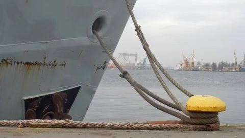 Moored Ship Swinging on Waves Moving Mooring Ropes Up and Down on Bollard Stock Footage 126232177