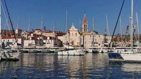 Moored yachts and boats in the port of Brac is Stock Footage 272220153