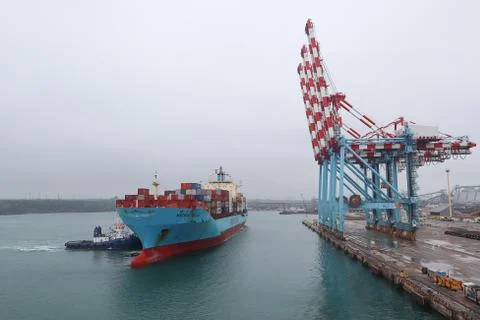 Mooring operation of container ship to cargo terminal Stock-Fotos