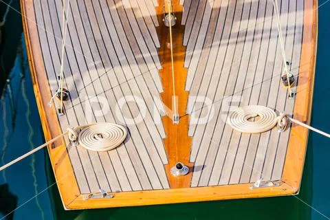 Mooring rope on boat deck at marina Stock Photos