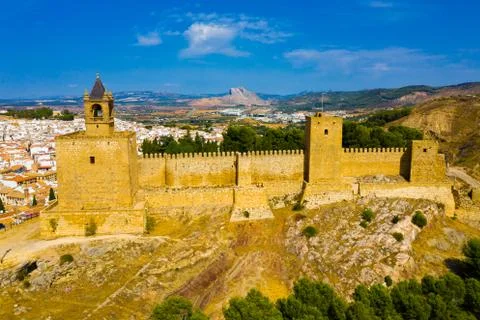 Moorish alcazaba in Antequera with Pena de los Enamorados mountain, Spain Stock Photos