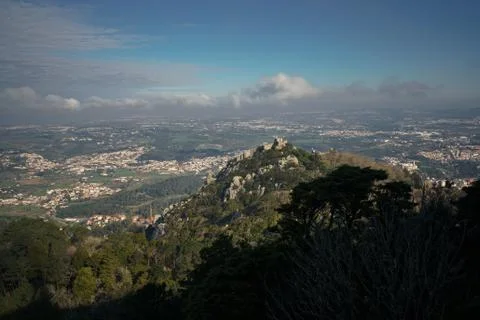 Moorish castle view from the top of Pena castle. Sintra, Portugal Stock Photos