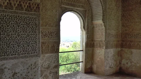 Moorish Decorations on Interior Wall with Arched Window at Alhambra Palace Stock Footage 237822267