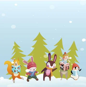 Moose bear penguin rabbit squirrel reading books forest Stock Illustration