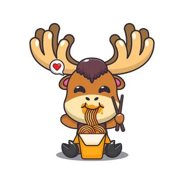 Moose eating noodle cartoon vector illustration. Stock Illustration