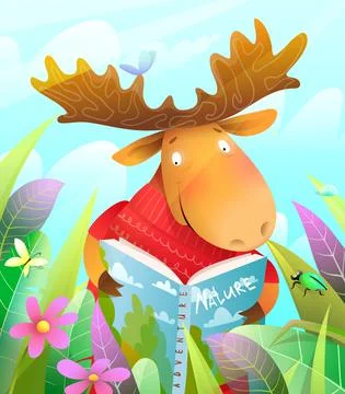Moose in Forest Reading Book about Nature Stock Illustration