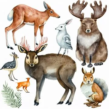 Moose, hare, squirrel, Fox, deer, badger, bear, cartoon style, on a white Stock Illustration