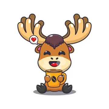 Moose with hot coffee cartoon vector illustration. Illustrazione stock