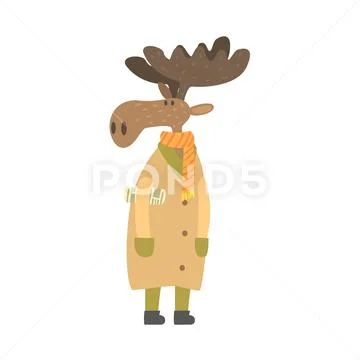 Moose In Long Coat With Newspaper Under Arm, Forest Animal Dressed In Human Stock Illustration