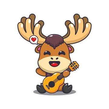 Moose playing guitar cartoon vector illustration. Stock Illustration