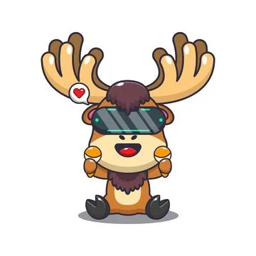 Moose playing virtual reality cartoon vector illustration. Stock Illustration