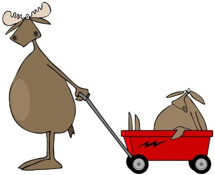 Moose pulling baby in wagon Stock Illustration