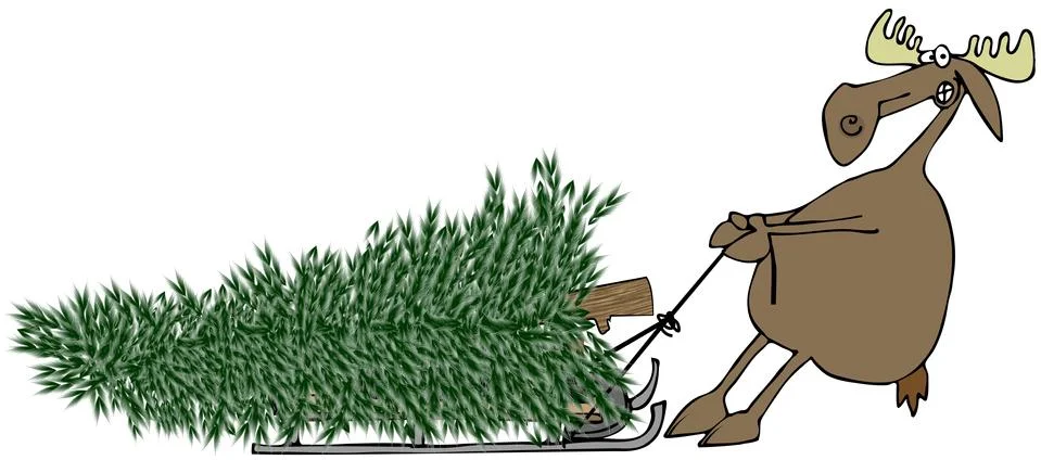 Moose pulling fir tree on sled Stock Illustration