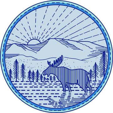 Moose River Flat Mountains Sunburst Circle Mono Line Stock Illustration
