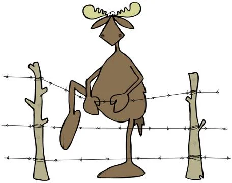 Moose stepping over a barbed wire fence Stock Illustration