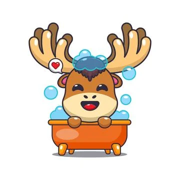 Moose taking bubble bath in bathtub cartoon vector illustration. Stock Illustration