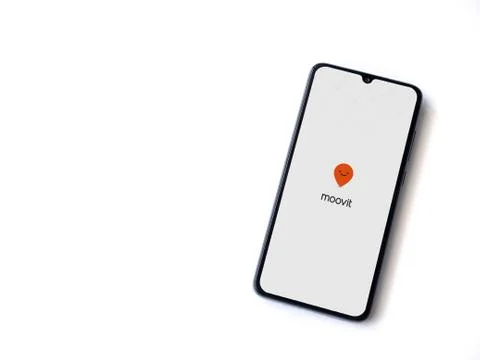 Moovit app launch screen with logo on the display of a black mobile smartphon Stock Photos