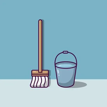 Mop and Bucket Flat Vector Illustration Icon On Blue Background for web, la.. Stock Illustration