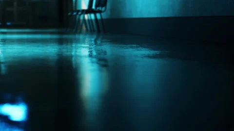 Mopping the floor in a dimly lit hallway at night near a building entrance Stock Footage 345003983