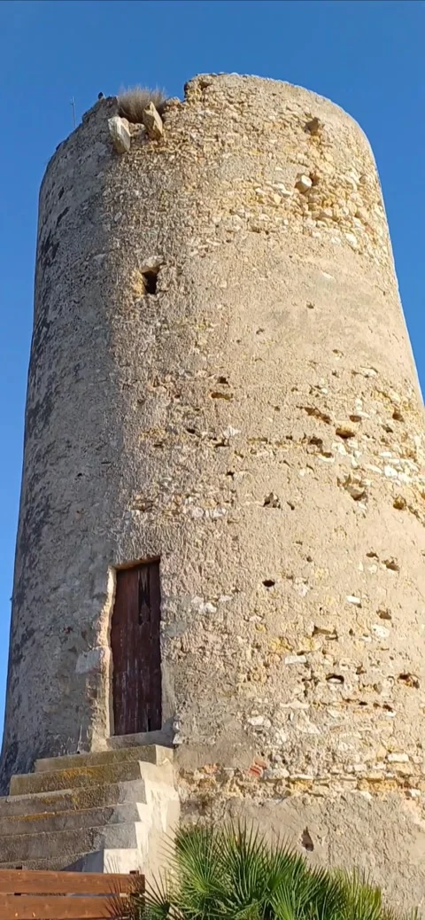 Mora tower (Torre de Mora) blue sea background Stock Footage 283852012