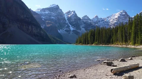 Moraine lake beautiful landscape in summer to early autumn sunny day morning Stock Footage