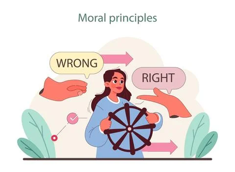 Moral Principles concept. A character navigates right and wrong with a moral Stock Illustration