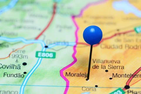 Moraleja pinned on a map of Spain Stock Photos