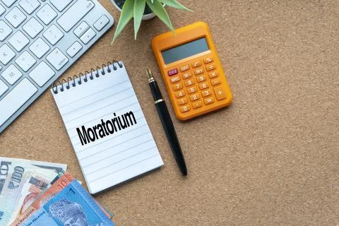 MORATORIUM text with notepad, calculator, decorative plant, money banknotes,  库存照片