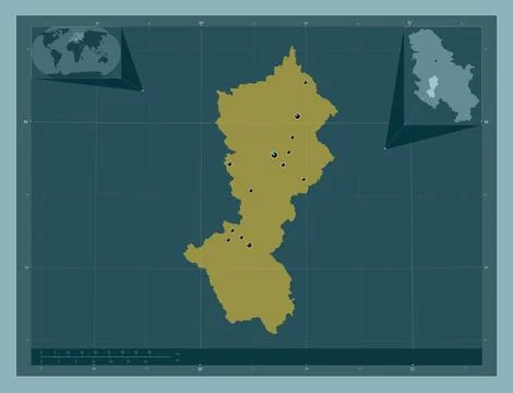 Moravicki, Serbia. Solid color shape. Locations of major cities of the region Stock Illustration
