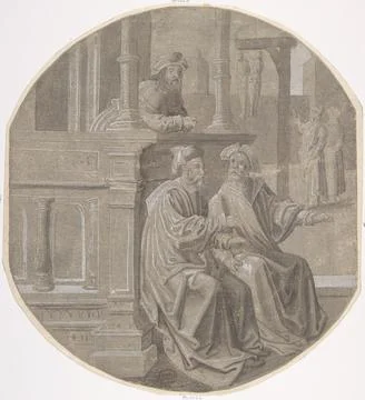 Mordecai overhears the two Conspirators plotting against the King. 16thmid .. Stock-Fotos