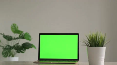 Morden green screen laptop computer. Chroma key green screen computer set up for Video stock 167992218