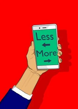 More and Less text with arrow on Smartphone screen. Cartoon vector illustrate Stock Illustration