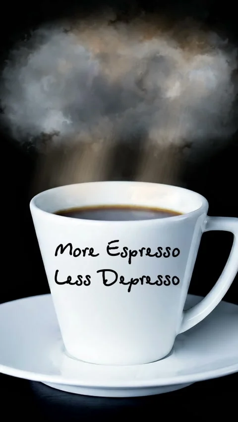 More Espresso Less Depresso Coffee Cup With Steam Cloud Sun Rays And Inspir.. Stock Footage 337738417