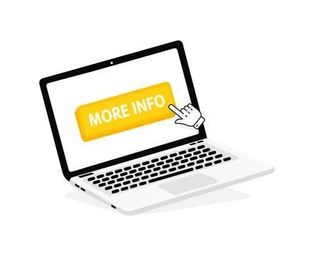 More info text on Laptop screen with a red button . Button with pointer clicking Stock-Illustration