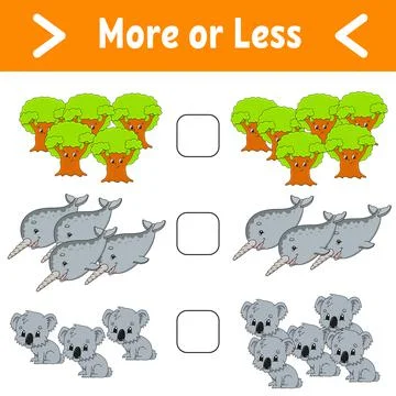 More or less. Educational activity worksheet for kids and toddlers. Isolated  Stock Illustration