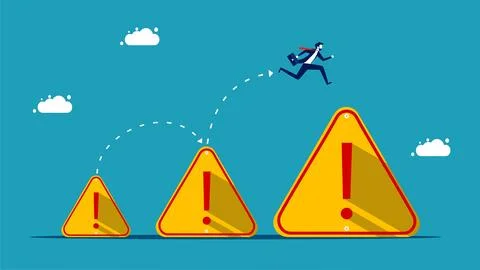 More problems. Businessman running on a bigger exclamation mark. vector Illustrazione stock