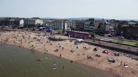 Morecambe seafront - view from stationary hovering drone Stock Footage 204774447