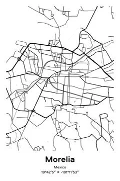 Morelia, Mexico - vector map of city in Black, white, gray, BW colors Stock Illustration
