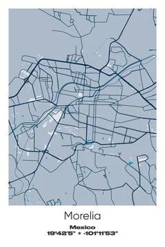 Morelia, Mexico - vector map of city in Blue, Gray, Yellow, Olive colors Stock Illustration
