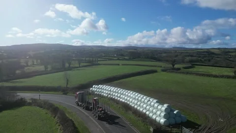 Moretonhampstead, Devon: DRONE VIEWS: Overhead shots of sealed hay bales (5) Stock Footage 264952388