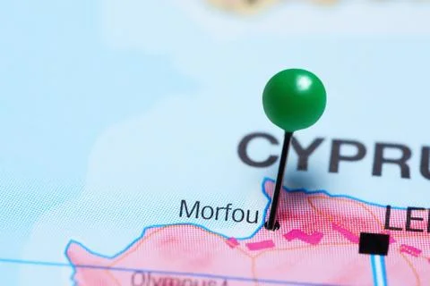 Morfou pinned on a map of Cyprus Foto stock