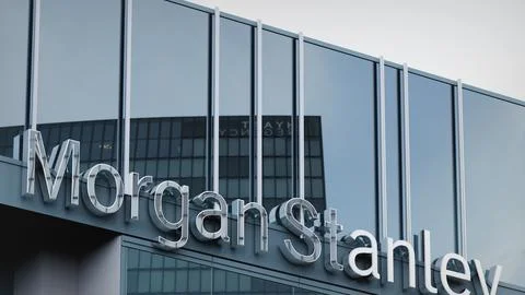 Morgan Stanley Stock data presented on the logo of the office facade editorial Stock Photos