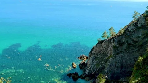 Morgat, hiking path at the cliffs with view at the sea Stock Footage 77872417