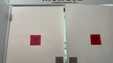 Morgue entry doors  Stock Footage 229755244