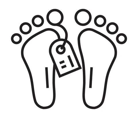Morgue icon in thin line style. Bare feet with a tag. A dead man is lying Stock-Illustration
