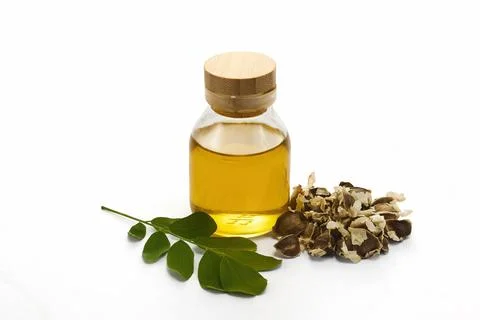 Moringa Oil Composition on white background Stock Photos