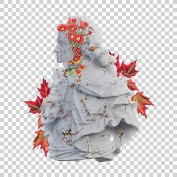 Moritz Hartmann statues 3d render, collage with flower petals compositions .. Illustrazione stock