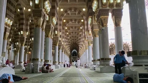 Morning atmosphere inside the Prophet's Mosque Stock Footage 332963466
