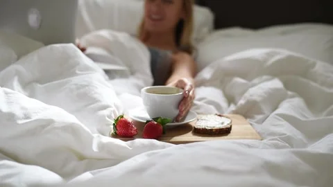 Morning breakfast in bed. Stock Footage 168514015