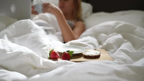 Morning breakfast in bed. Stock Footage 168514077